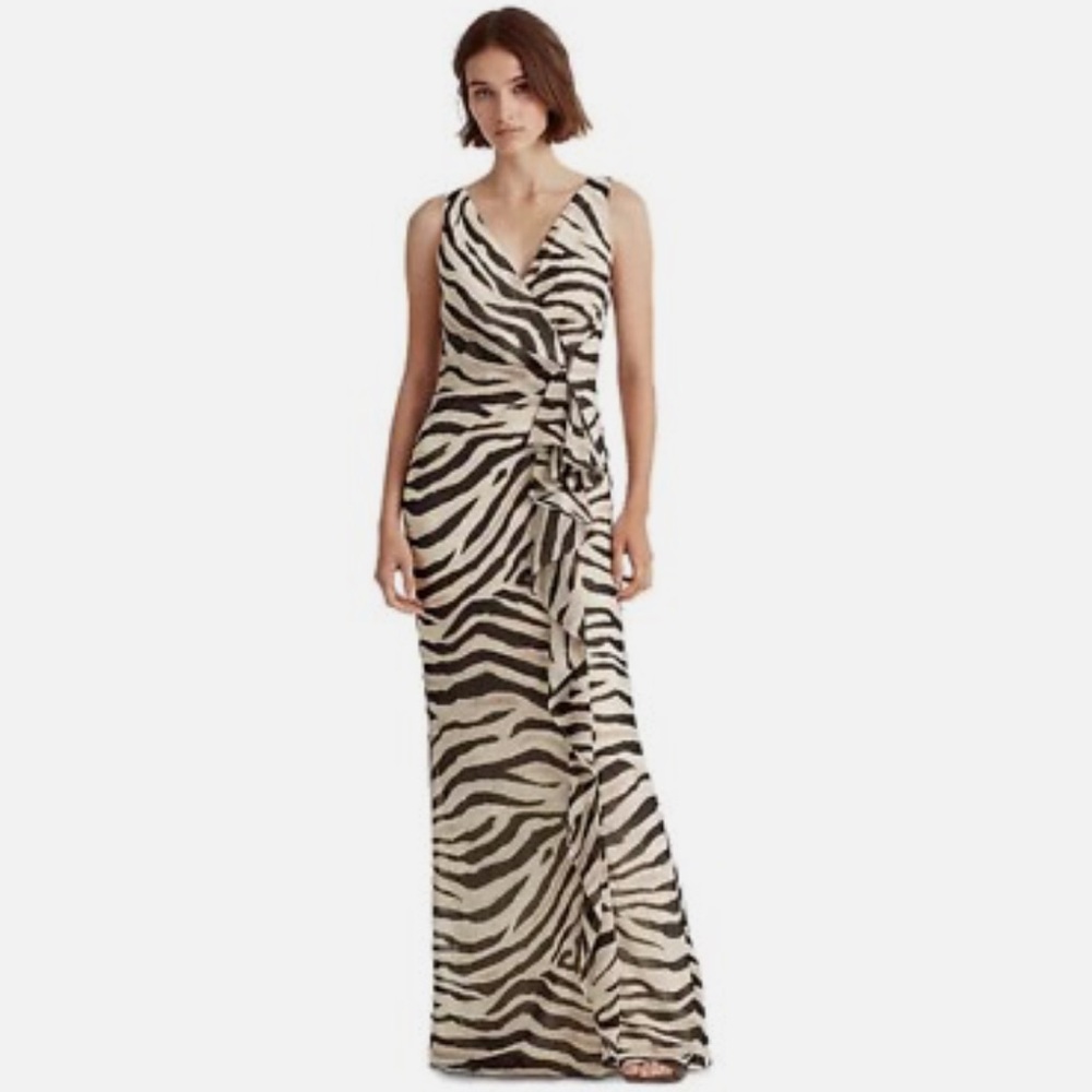 Lauren Ralph Lauren Zebra Print Ruffle Maxi Dress- Black and Off White EUC
